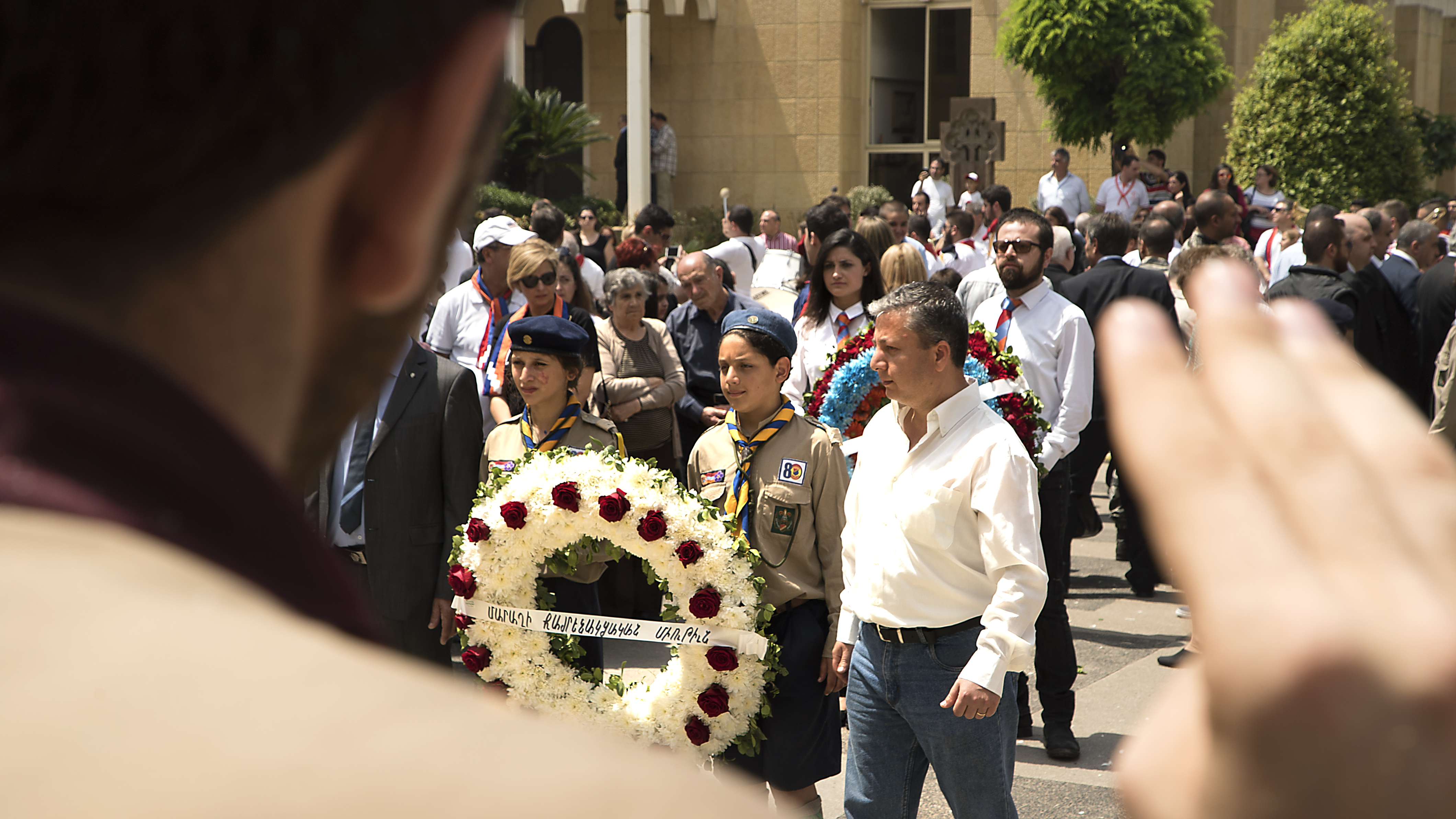 April 24, 2016 Antelias, Beirut, Lebanon Armenian Youth Scouts lay a wreath in front of the Catholicosate of Cicilia Church in Antelias to commemorate those killed in the Armenian Genocide.