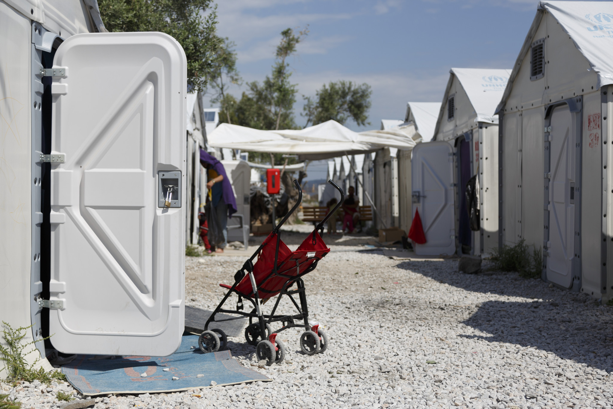 A stroller seen at Kara Tepe camp in Lesbos, Greece. Since the E.U.-Turkey agreement came into effect, procedures for processing arrivals into Greece have been unclear and little information has been shared. (OXFAM)
