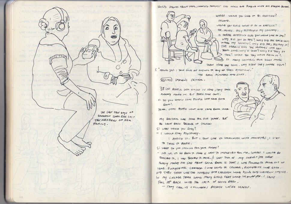 A sketch and notes from Sarah Glidden’s notebook. (Courtesy of Sarah Glidden)