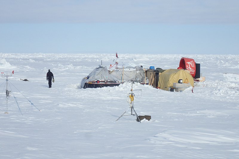 The Fram-2014/15 ice camp on 6 May 2015. The weather station is visible on the left, and the radiation flux instruments are in the foreground (right). (Audun Tholfsen)