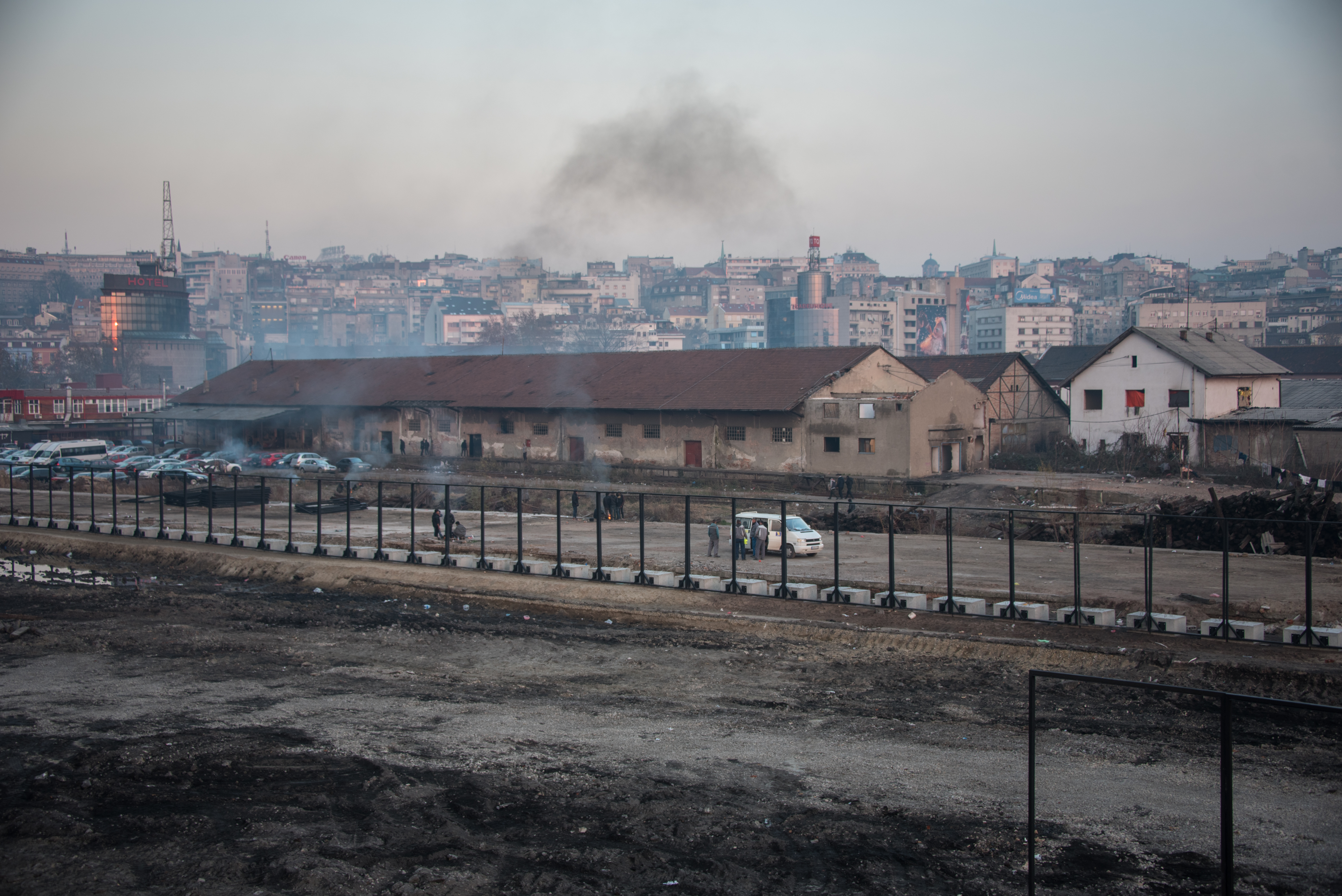 The abandoned train depot, seen from afar, is scheduled for demolition in the coming months to make way for Belgrade’s riverfront redevelopment project. (Diego Cupolo)