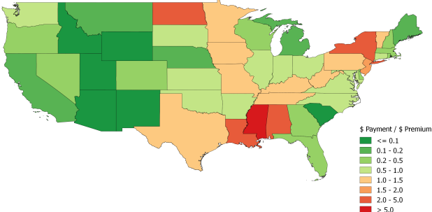 Ratios of claim payments to policy premiums in 1994–2014, by state (in 2015 dollars). (California Water Blog)