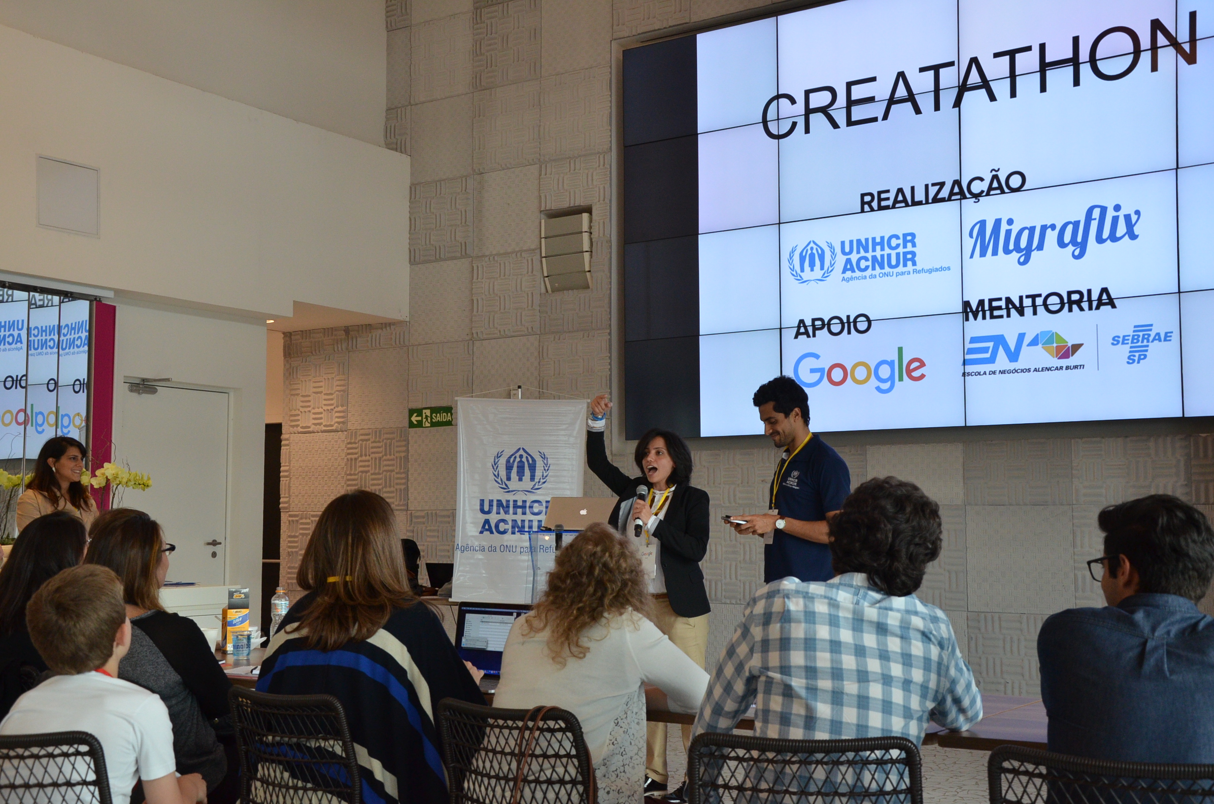 Maha speaks at Creatathon, a four-month program organized by Migraflix and UNHCR last year. (UNHCR/M. Pachioni)