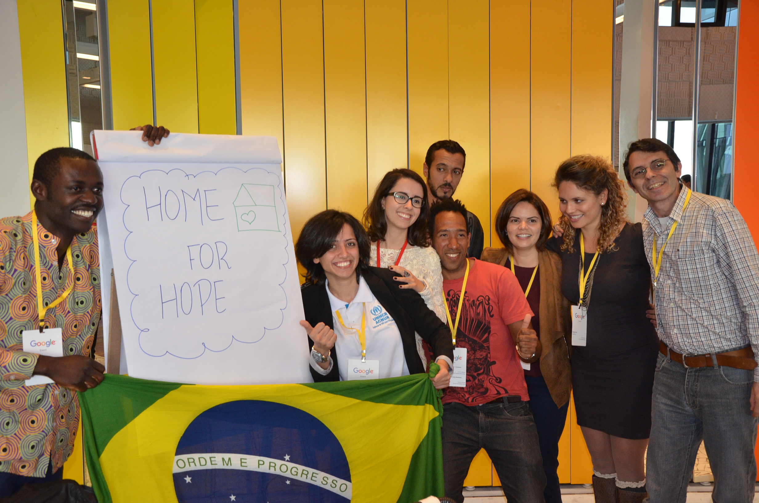 Maha, center, and her team won a hackathon at Google's Sao Paulo campus in November 2016 with the Home for Hope app. (UNHCR/M. Pachioni)