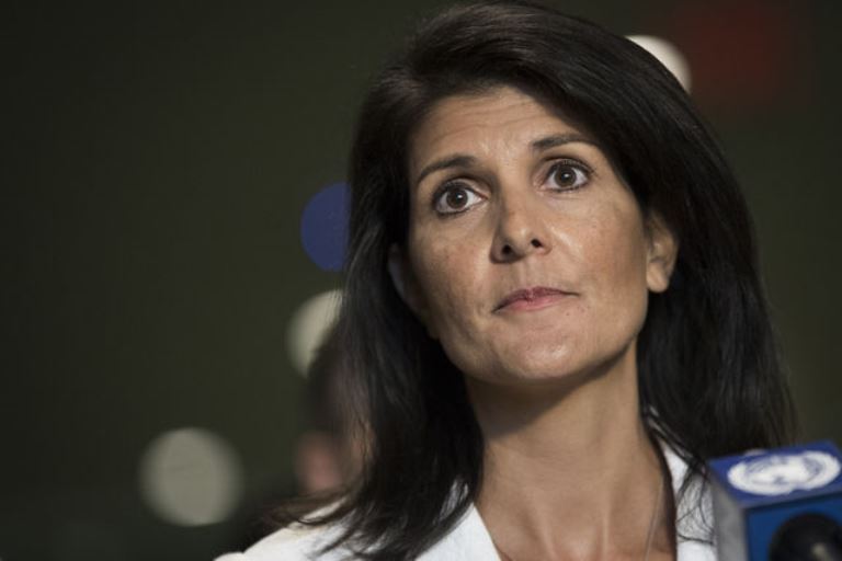 U.S. Ambassador to the United Nation Nikki Haley speaks to reporters at the United Nations headquarters, March 27, 2017 in New York City. Drew Angerer/Getty Images/AFP