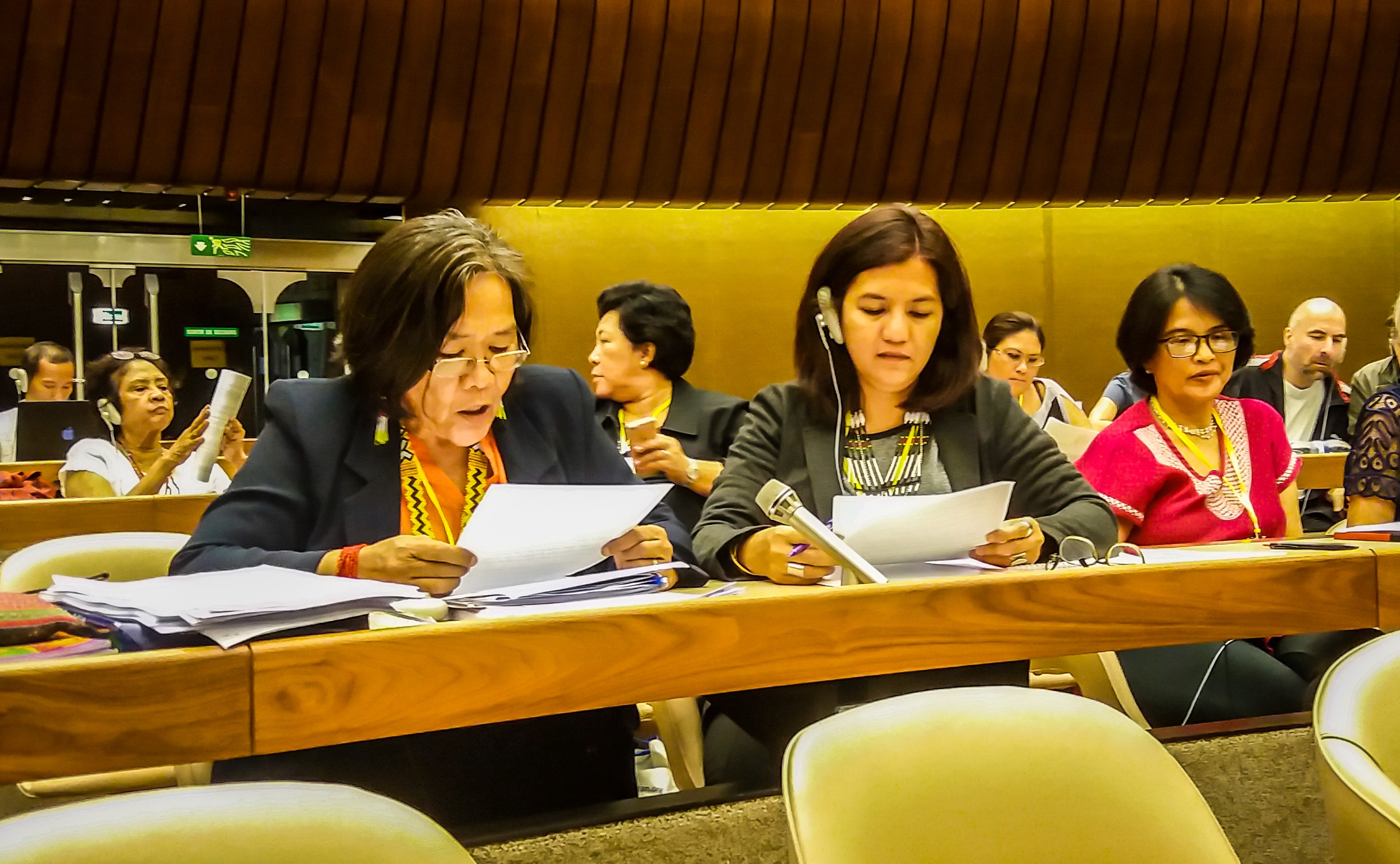 Judith Pasimio (middle) with Kakay Tolentino (left), an indigenous woman from the Dumagat community, as she delivers a statement during the Convention on the Elimination of All Forms of Discrimination against Women (CEDAW), which runs in Geneva from July 4 to July 22. (WLB)